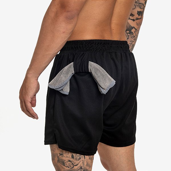 Bermuda Dryfit Com Short Térmico e Porta Toalha 2 Em 1 Liso - Preto