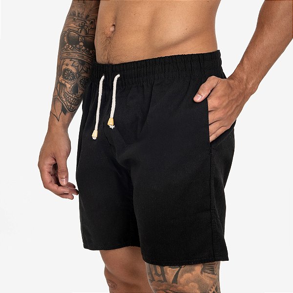 Short Bermuda de Linho Masculino com Cordão - Preto