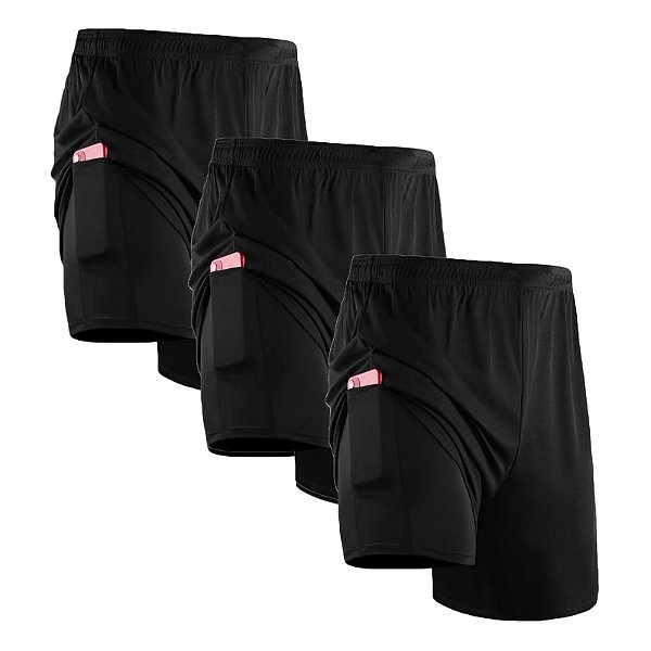 Kit 3 Bermudas Dryfit Com Short Térmico 2 Em 1 Liso - Preto