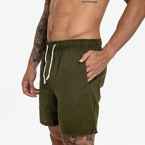 Short Bermuda de Linho Masculino com Cordão - Militar