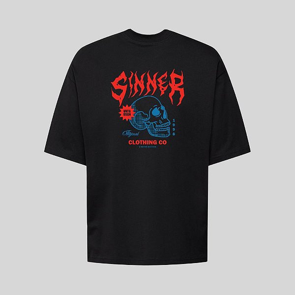 Camiseta Oversized Streetwear Masculina Estampa Costas Sinner Skull