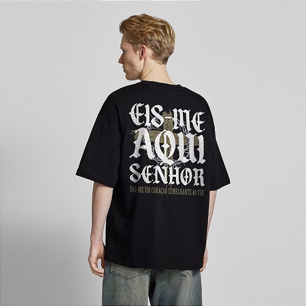 Camiseta Oversized Masculina Frases Bíblicas Eis-me Aqui Senhor - Cruz e Coroa de Espinhos