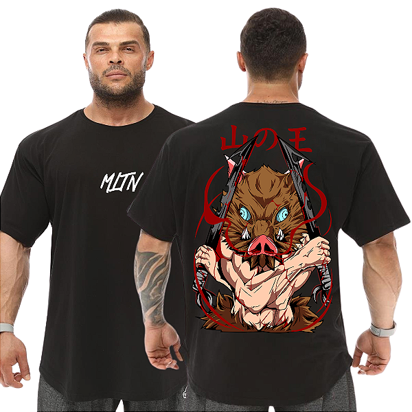 Camiseta Oversized Masculina Larga Para Treino e Academia - Demon Slayer Inosuke Hashibira