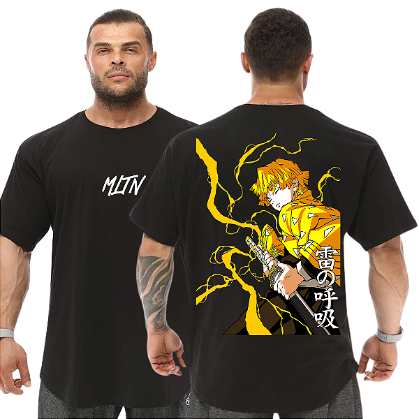 Camiseta Oversized Masculina Larga Para Treino e Academia - Demon Slayer Zenitsu Agatsuma