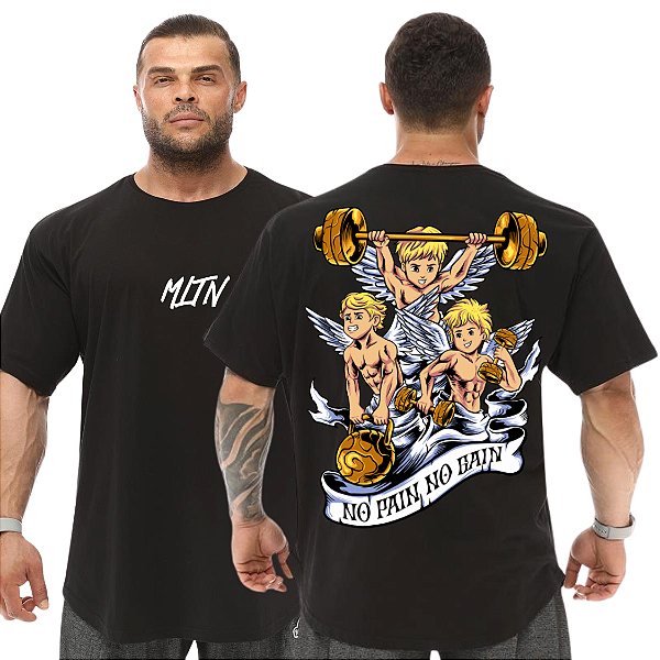 Camiseta Oversized Masculina Larga Para Treino e Academia - No Pain No Gain Angel