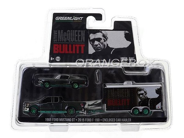 Ford F150 + Mustang GT 1968 Steve McQueen Bullitt + Trailer 1:64 Greenlight Chase