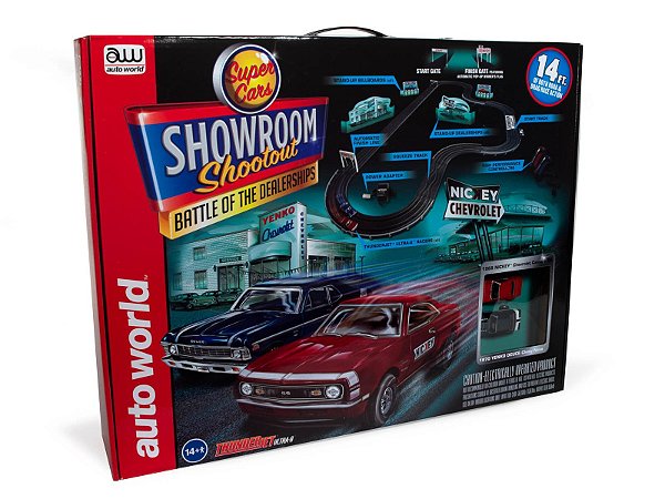 Conjunto Autorama Elétrico Slot Car Set Racing Battle of the Dealerships 1:64 Autoworld