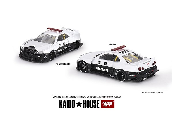 Nissan Skyline GT-R R34 Kaido Works (V2 Aero) Police 1:64 Mini GT