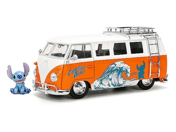 Volkswagen Kombi 1961 + Figura Stitch 1:24 Jada Toys Laranja