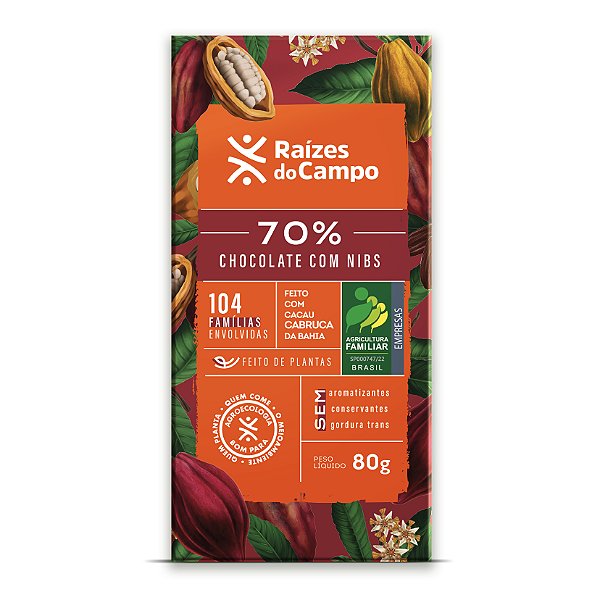 Chocolate com Nibs 70% Cacau 80g - RAÍZES DO CAMPO