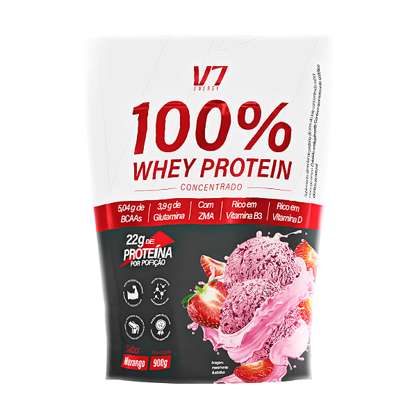 Whey Protein Concentrado - Sabor Morango 900g - V7 Energy