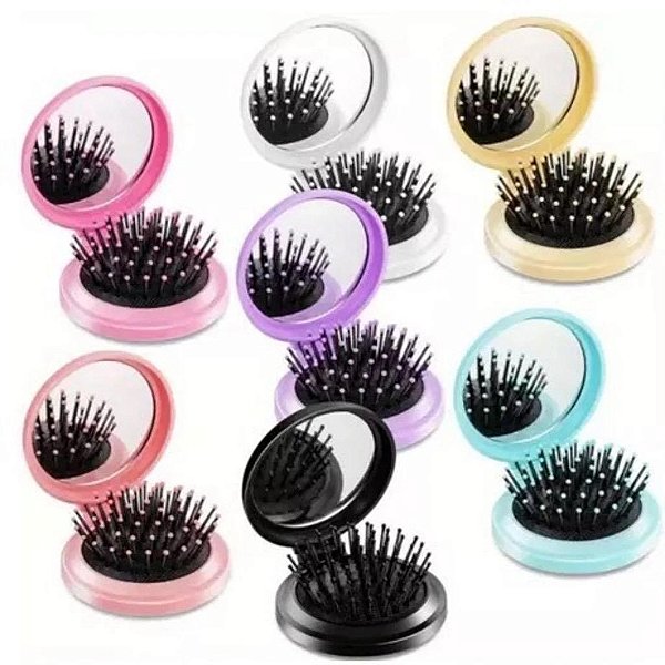 Mini Escova de Cabelo Dobrável Com Espelho Portátil