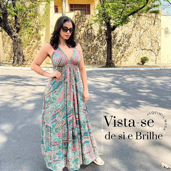 Vestido Longo Feminino Frente Única de Seda Indiana Estampado