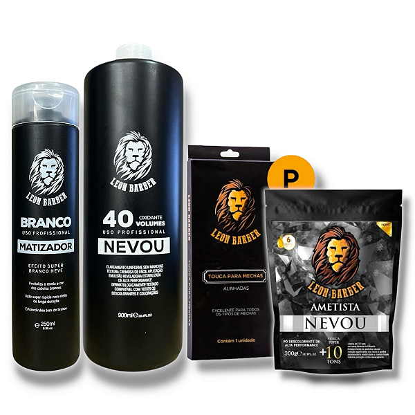 Kit Touca P + Pó Descolorante Ametista 300g + Matizador 250ml + Água Oxigenada 900ml (40 Volumes) – Leon Barber