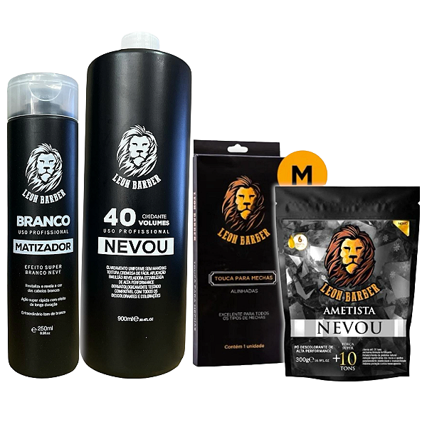 Kit Touca M Alinhada + Pó descolorante + Matizador + Ox 40 Vol Leon Barber