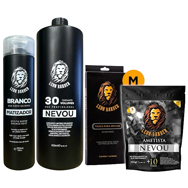Kit Touca M Alinhada + Pó descolorante Ametista + Matizador + Ox 30 Vol Leon Barber