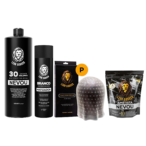 Kit Touca P + Pó Descolorante Ametista 300g + Matizador 250ml + Água Oxigenada 900ml (30 Volumes) – Leon Barber