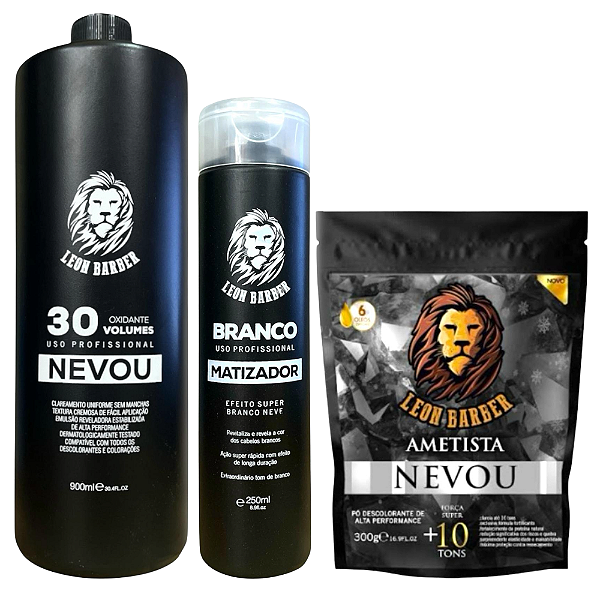 Kit Pó Descolorante Ametista 300g + Matizador Branco 250ml + Água Oxigenada 900ml (30 Volumes) – Leon Barber