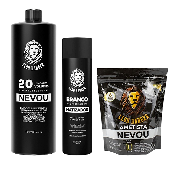 Kit Pó Descolorante Ametista 300g + Matizador Branco 250ml + Água Oxigenada 900ml (20 Volumes) – Leon Barber