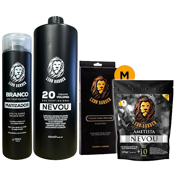 Kit Touca M + Pó Descolorante Ametista 300g + Matizador 250ml + Água Oxigenada 900ml (20 Volumes) – Leon Barber