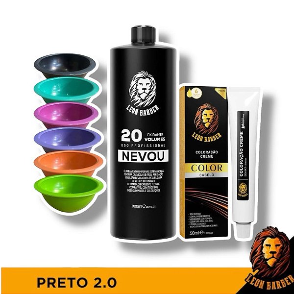Kit Tintura Preto 2.0 Tigela Oxigenada 20 Volumes 900ml Leon Barber