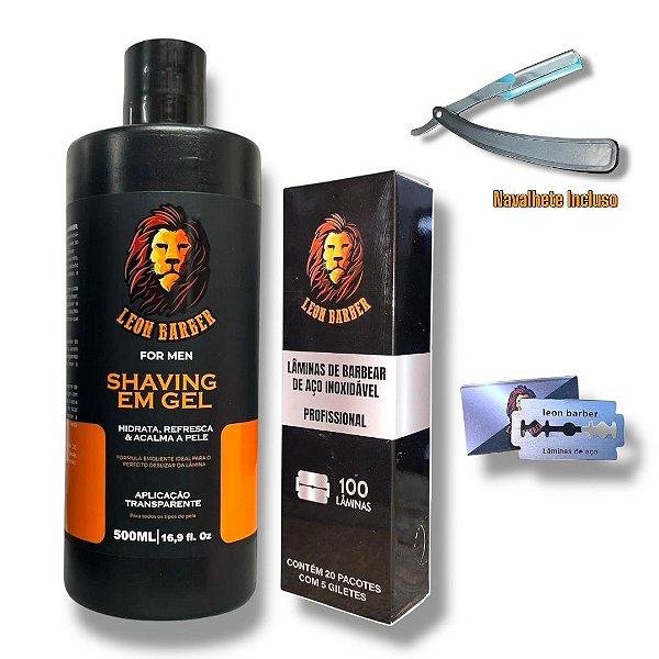 Kit Barbear Shaving Gel 500ml Lâminas 100 und com Navalhete Incluso Leon Barber