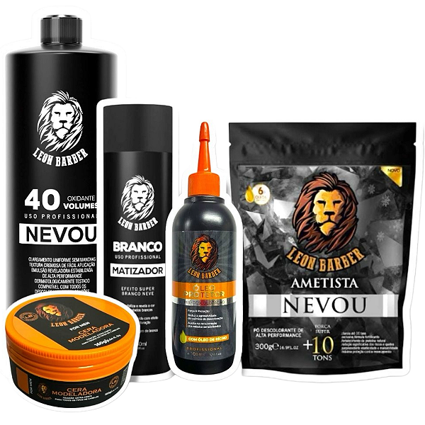 Kit Pó descolorante Ametista Oxigenada 40 Óleo protetor Matizador Cera Modeladora Leon Barber