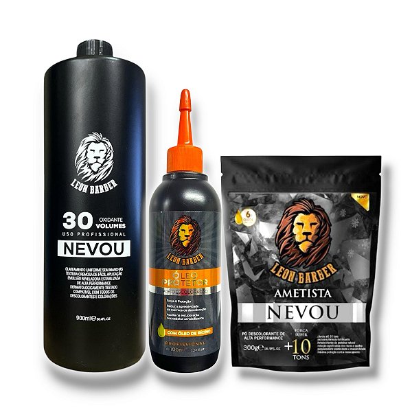 Kit Pó Descolorante Ametista 300g + Água Oxigenada 900ml (30 Volumes) + Óleo Pré Descoloração 100ml – Leon Barber
