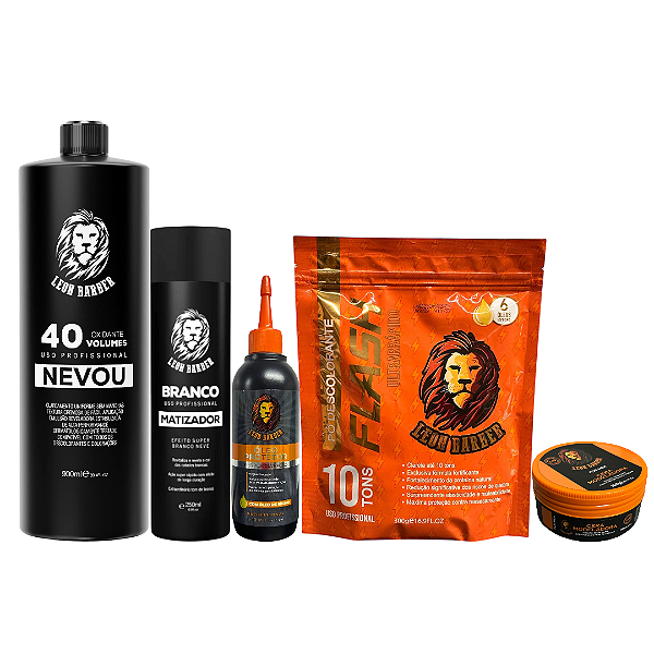KIT Pó desocolorante Flash 300g + Óleo Pre Descoloração + Matizador Branco + Água oxigenada 40 Vol + Cera Leon Barber