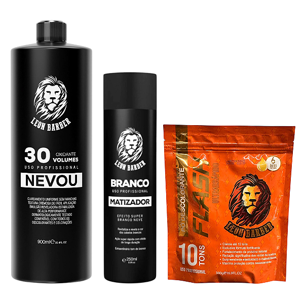 KIT Pó Descolorante Ametista Flash + Matizador Branco 250ml + Água Oxigenada 30 Vol 900ml Leon Barber