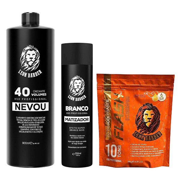 KIT Pó Descolorante Ametista Flash + Matizador Branco 250ml + Água Oxigenada 40 Vol 900ml Leon Barber