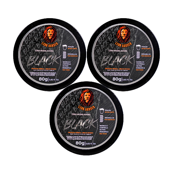 KIT 3x Cera Modeladora Black 80g Leon Barber Fixação Extra Forte disfarça fios brancos
