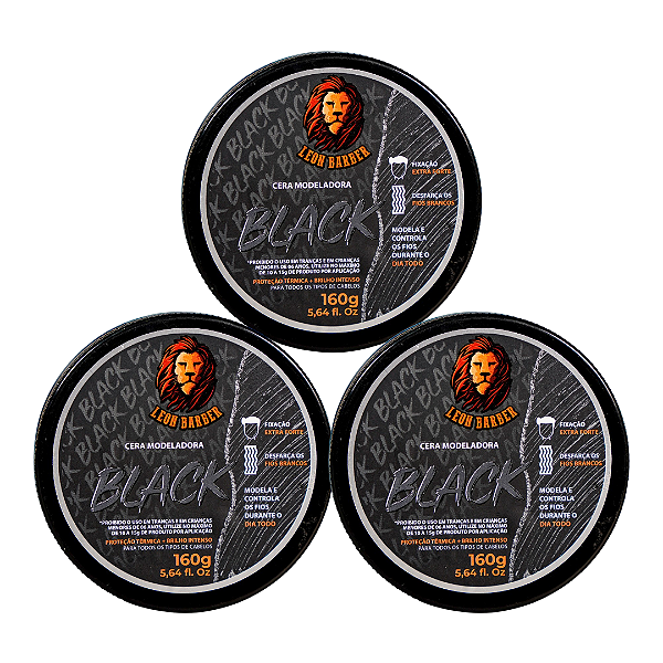 KIT 3x Cera Modeladora Black 160g Leon Barber Fixação Extra Forte disfarça fios brancos