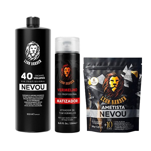 KIT Pó Descolorante Ametista 300g + Matizador Vermelho 250ml + Água Oxigenada 900ml (40 Volumes) – Leon Barber