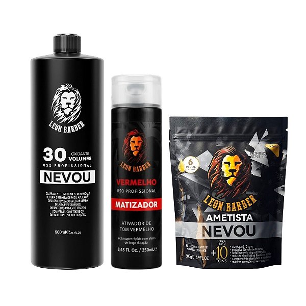 KIT Pó Descolorante Ametista 300g + Matizador Vermelho 250ml + Água Oxigenada 900ml (30 Volumes) – Leon Barber