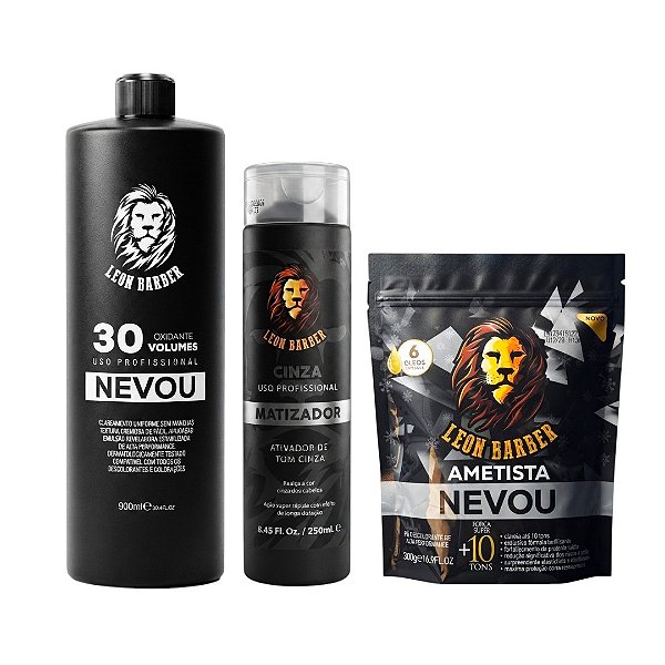 KIT Pó Descolorante Ametista 300g + Matizador Cinza 250ml + Água Oxigenada 900ml (30 Volumes) – Leon Barber