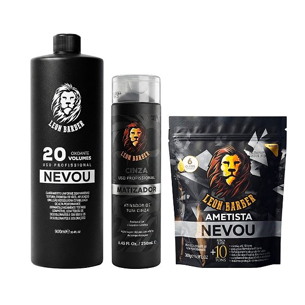 KIT Pó Descolorante Ametista 300g + Matizador Cinza 250ml + Água Oxigenada 900ml (20 Volumes) – Leon Barber