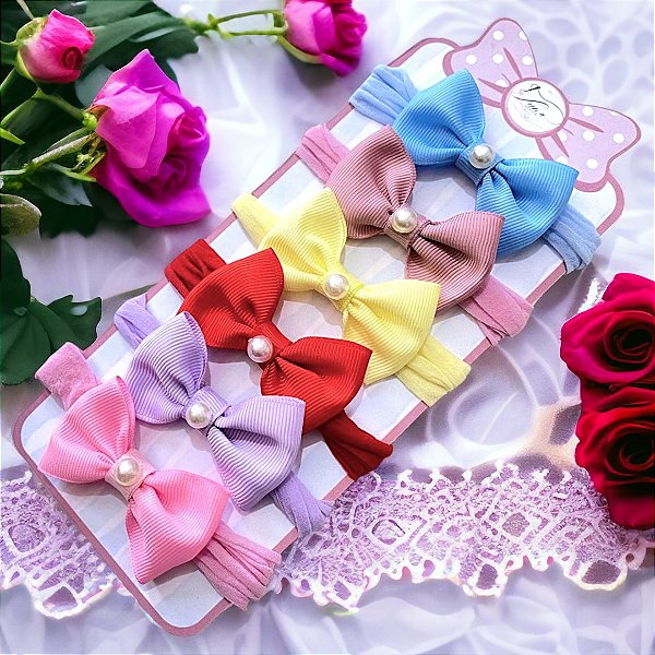 Kit 6 Mini Lacinhos de Bebê Faixinha Maternidade Tiarinha RN