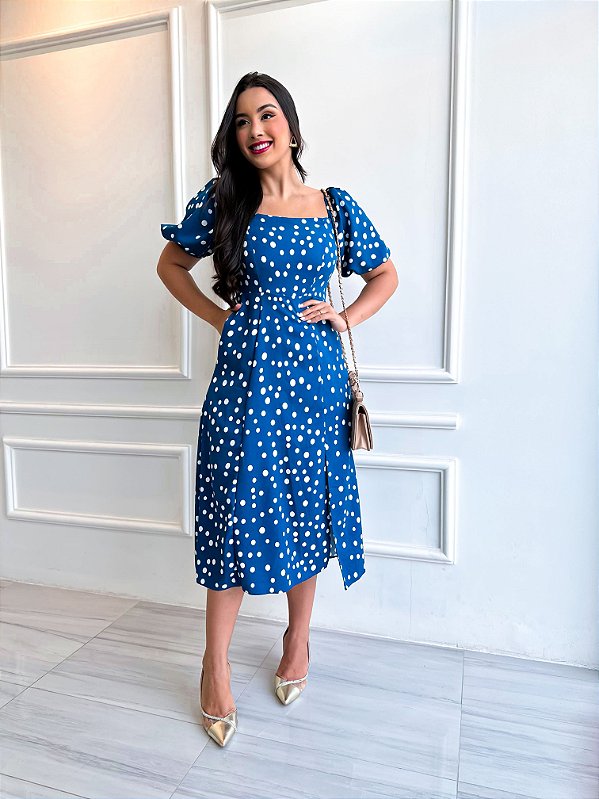 Vestido Midi Odete - Poá Azul