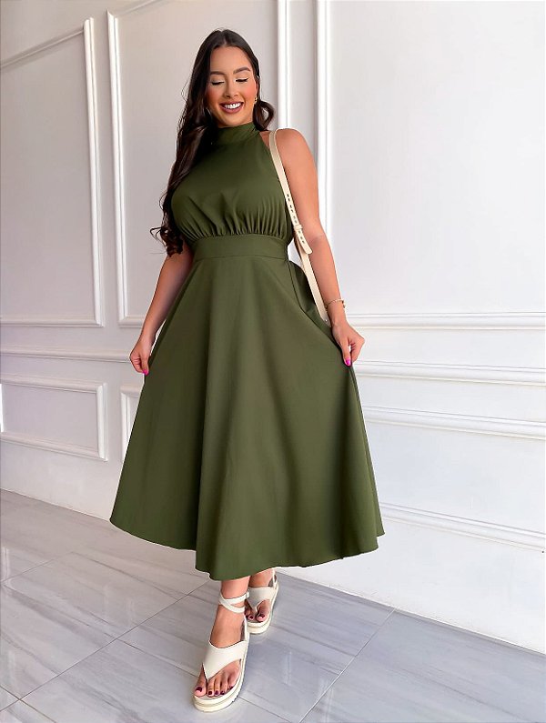 Vestido Midi Pérola - Verde Oliva