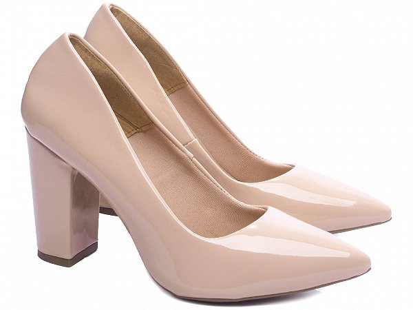 Sapato Scarpin Salto Quadrado Verniz Bege