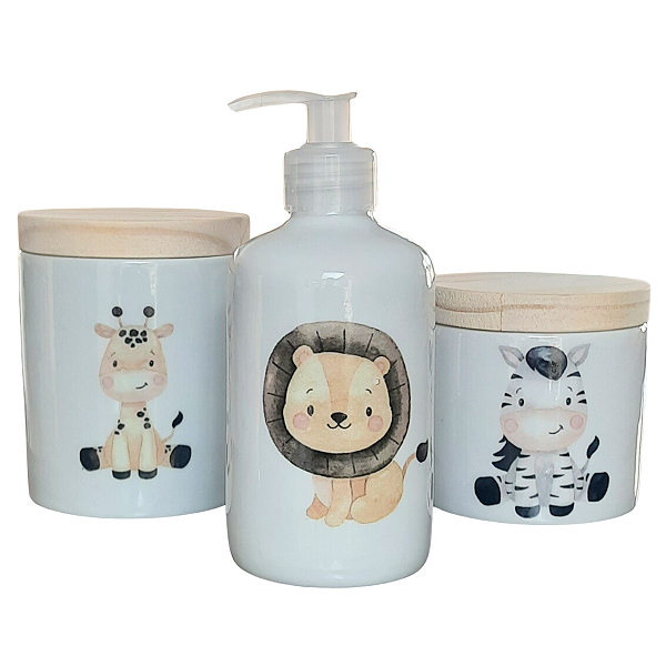 Kit higiene bebê Safari 3 peças - potes e porta álcool - Porcelana Tampa Pinus - MENINO
