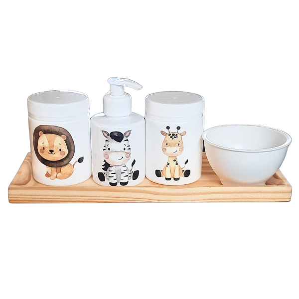 Kit Higiene Babê Safari 5 pçs - Com Bandeja e Tampa c/ trava