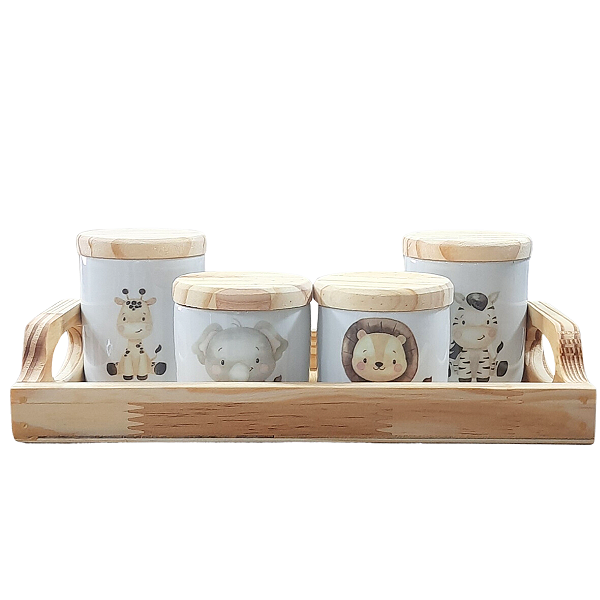 Kit higiene bebê Safari 5 peças - Bandeja E potes - Peças Porcelana Bandeja e Tampas Pinus