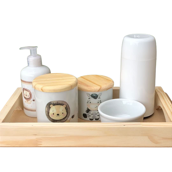 Kit higiene bebê Safari 6 peças - potes e porta álcool - Peças Porcelana Tampa e bandeja Pinus