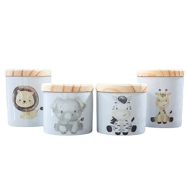 Kit higiene bebê Safari 4 potes - Peças Porcelana Tampas Pinus