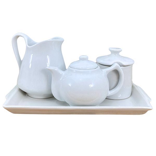 Jogo Café e Chá Mesa Posta, Bandeja + Bule Chaleira 400ml + Açucareiro 250ml + Jarra Leiteira 740ml - Kit Porcelana Bran