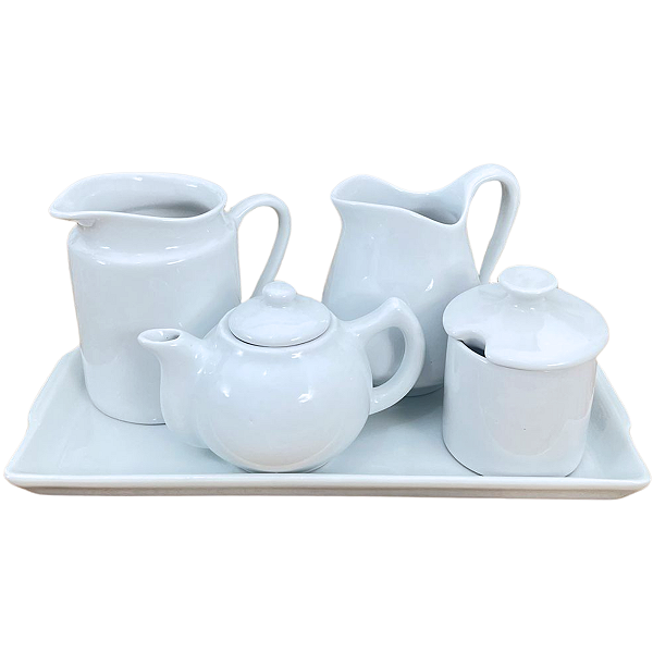 Jogo Café e Chá Mesa Posta, Bandeja + Bule Chaleira 400ml + Açucareiro 250ml + Jarra Leiteira 740ml + Jarra Suco 800ml -