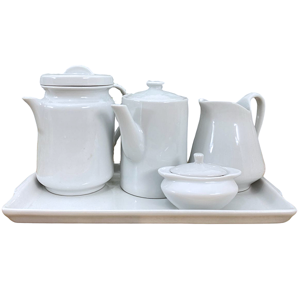 Jogo Café e Chá, Bandeja + Açucareiro barquinha 100ml + Bule bico longo 800ml + Leiteira 740ml + Bule cafeteira 1,1L - P