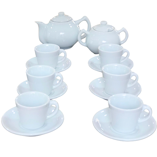Jogo Café e Chá Mesa Posta- Bule Chaleira 400ML + Açucareiro 250ml + Jogo 6 xícaras 80ml cônica reta com pires